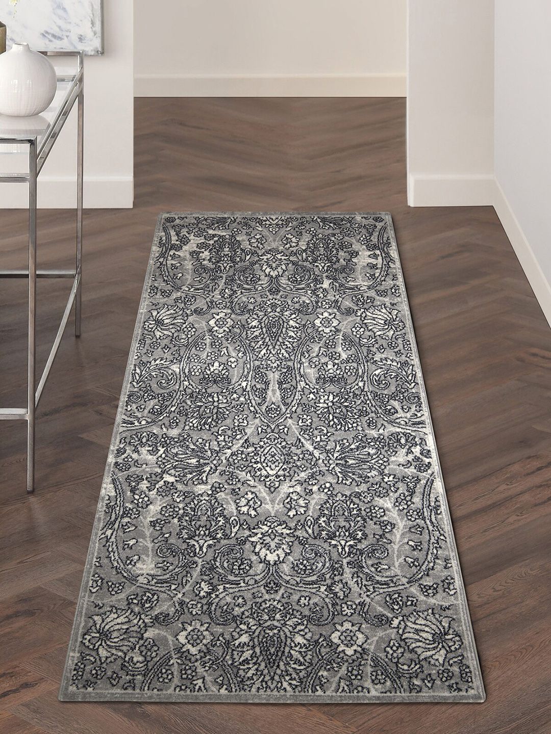 OBSESSIONS Grey & Black Ethnic Motifs Anti-static Floor Runner Price in India
