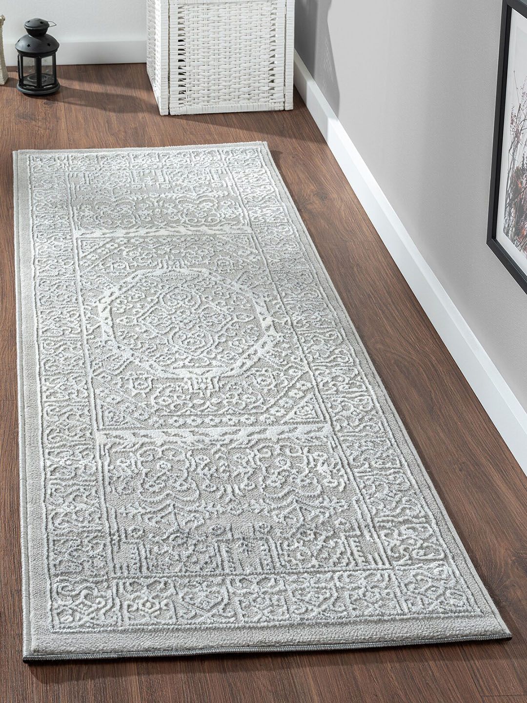 OBSESSIONS Grey & White Ethnic Motifs Woven Design Anti-static Floor Runner Price in India