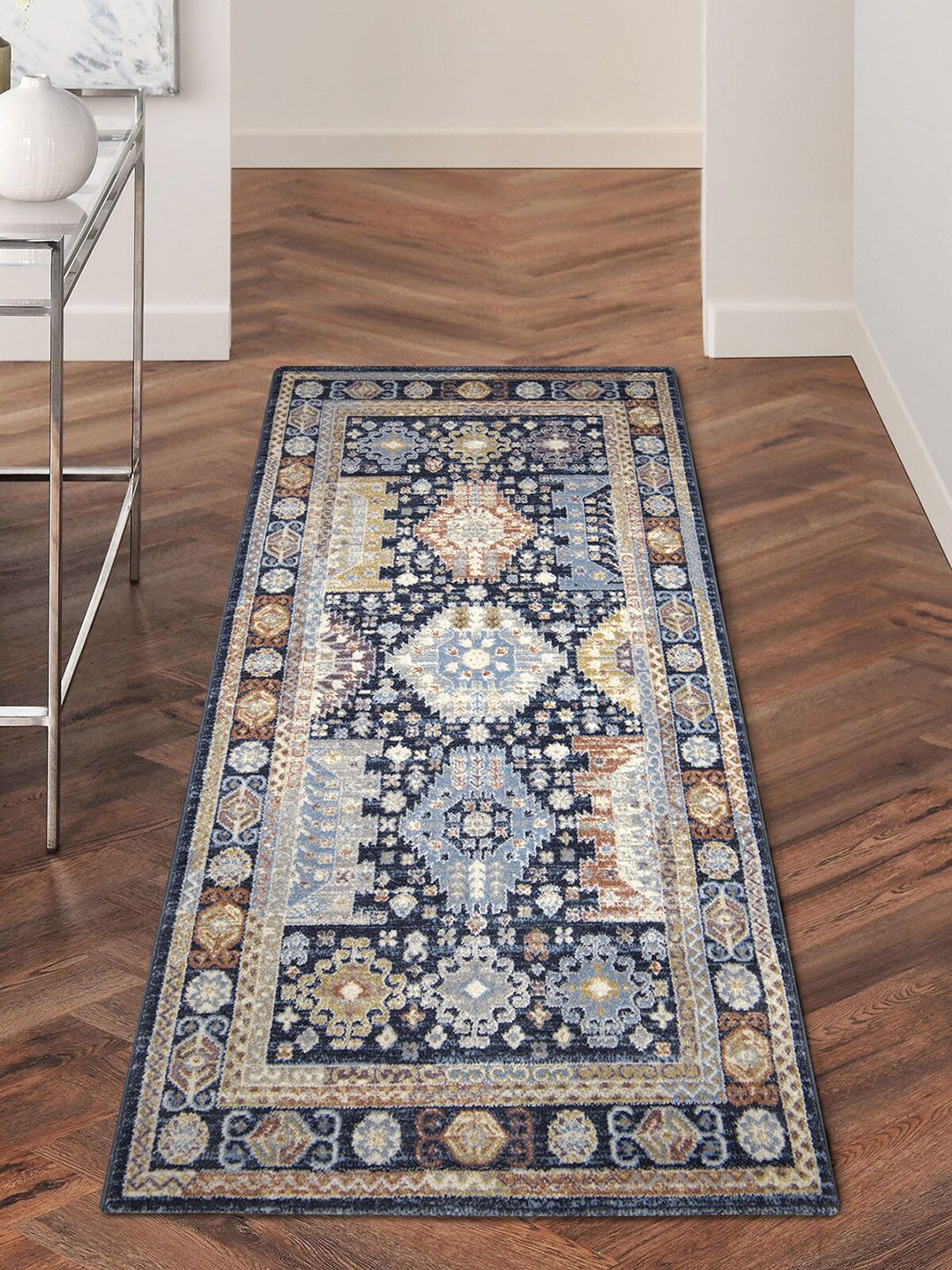 OBSESSIONS Navy Blue & Yellow Ethnic Anti Static Floor Runner Price in India