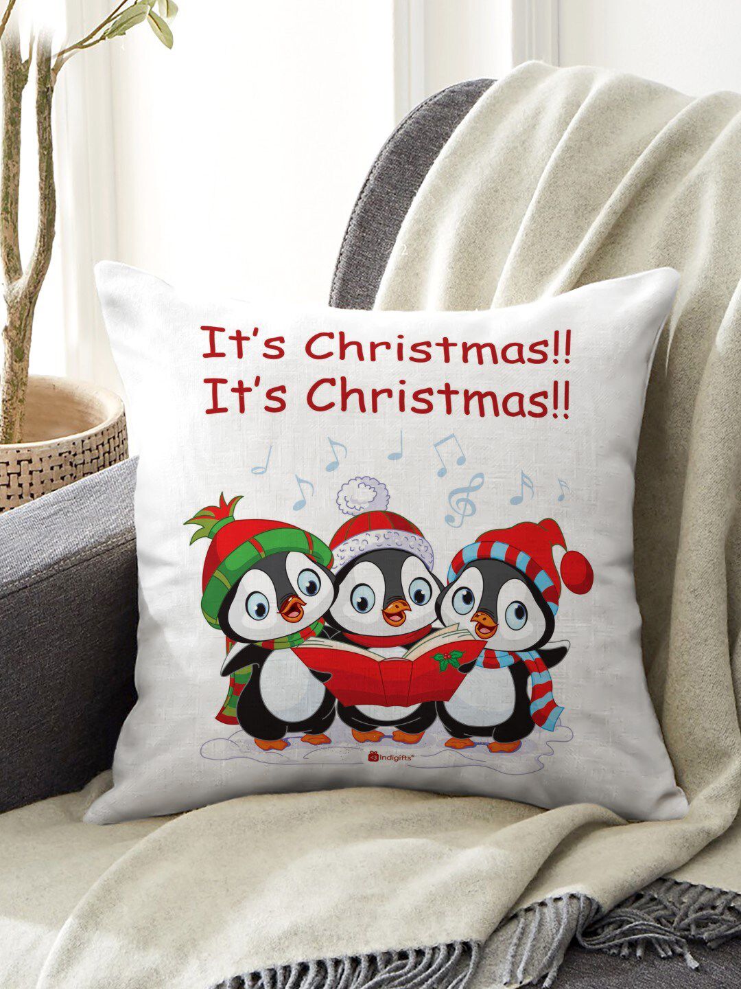 Indigifts White & Red Christmas Printed Square Cushion With Filler Price in India