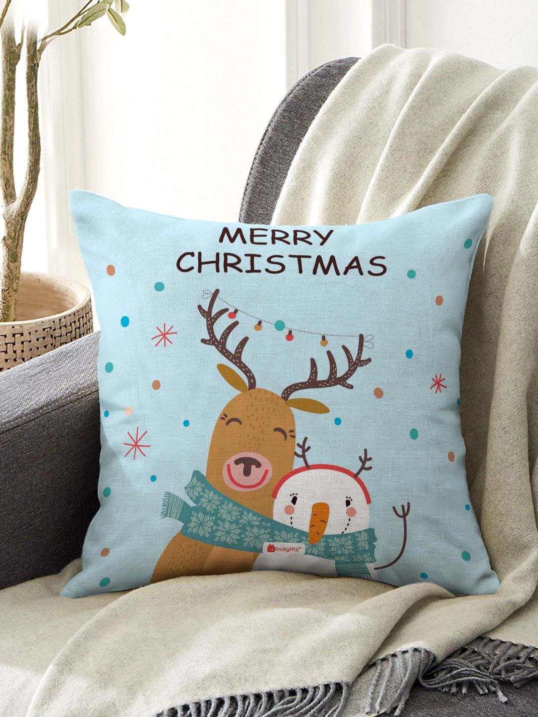Indigifts Blue & Brown Christmas Printed Cushion Cover Price in India