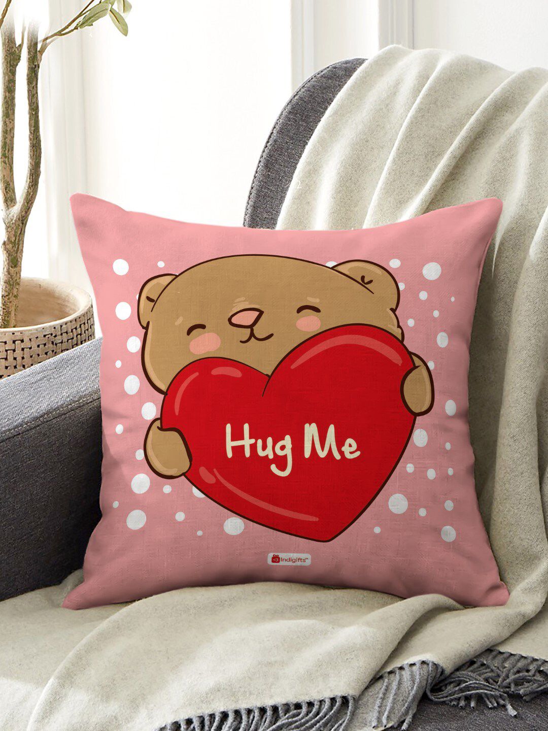 Indigifts Pink Satin Hug Me Quote Printed Cushion Cover With Filler Price in India