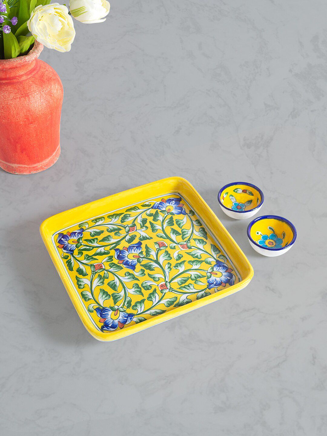Golden Peacock Yellow Floral Pottery Ceramic Tray With Bowls Price in India