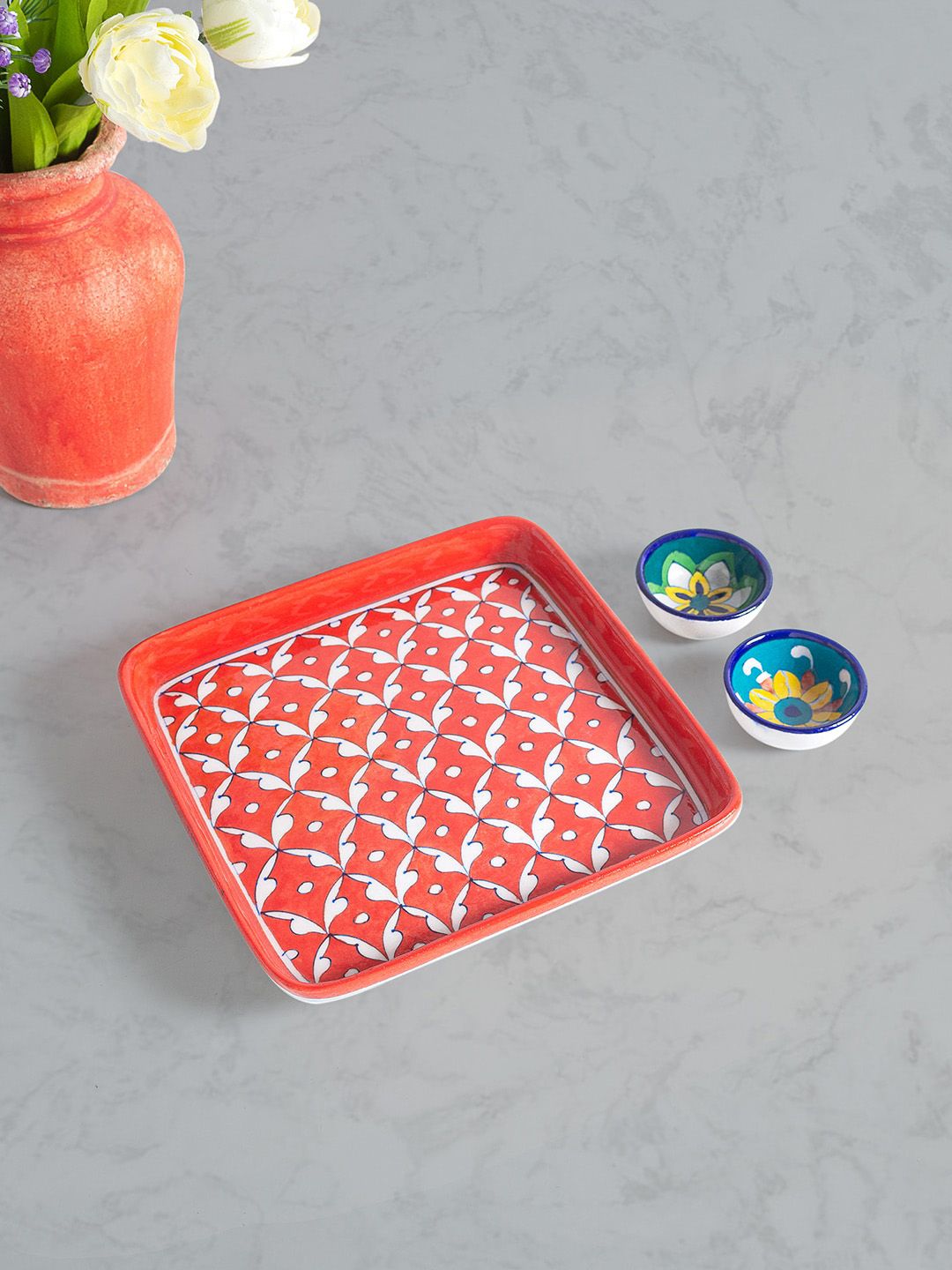 Golden Peacock Set Of 3 Red Moroccan Pattern Printed Ceramic Trays & Bowl Price in India