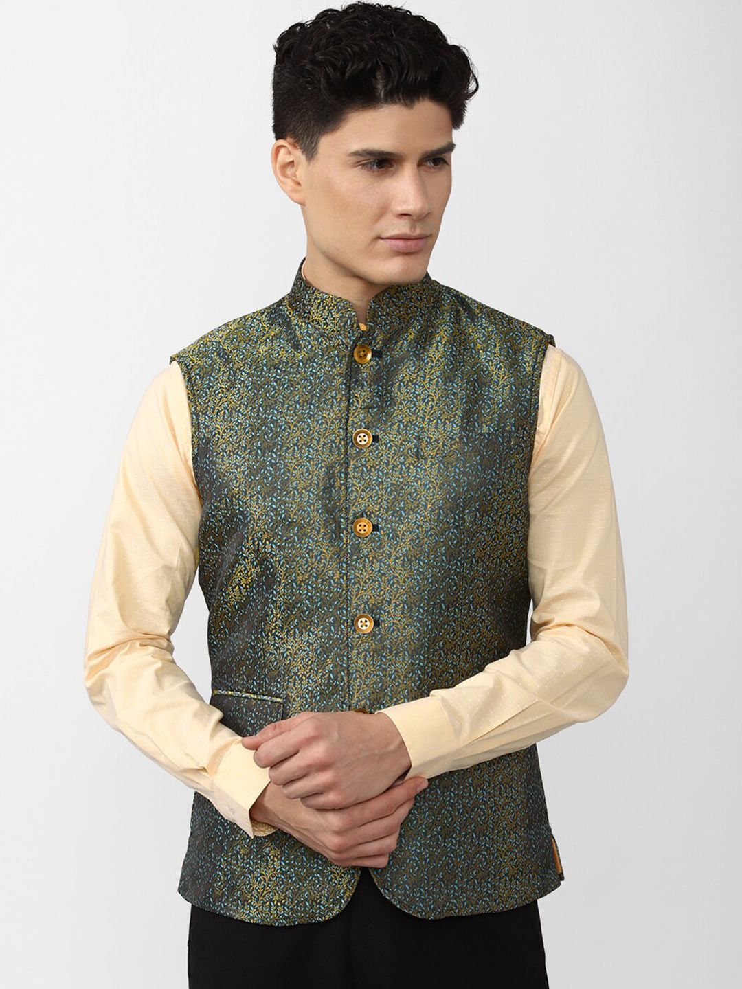 Peter England Elite Men Green Printed Nehru Jacket