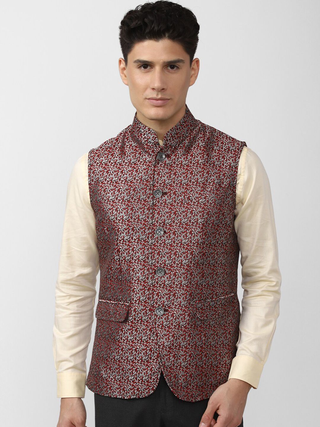 Peter England Elite Men Maroon Floral Printed Nehru Jacket