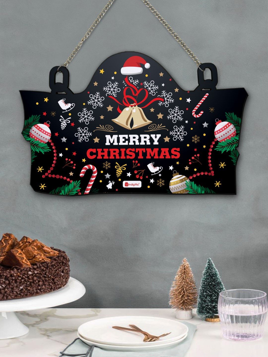 Indigifts Black Signboard Merry Christmas Printed Wooden Door Wall Hanging Price in India