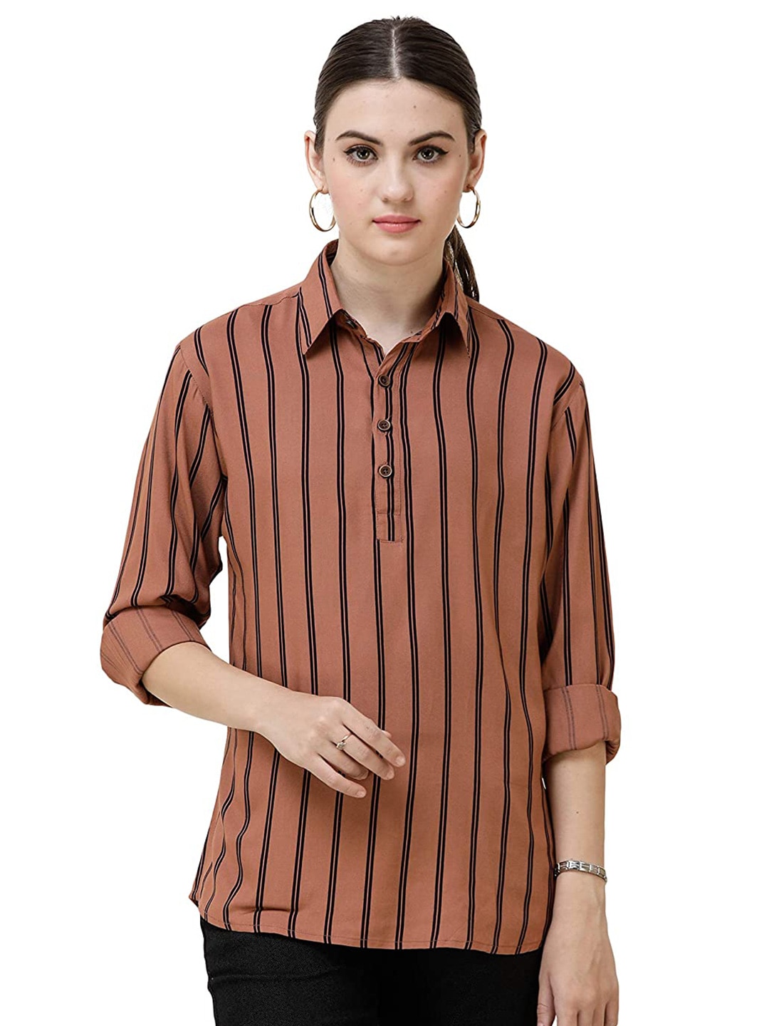 DECHEN Women Brown Striped Roll-Up Sleeves Shirt Style Top Price in India