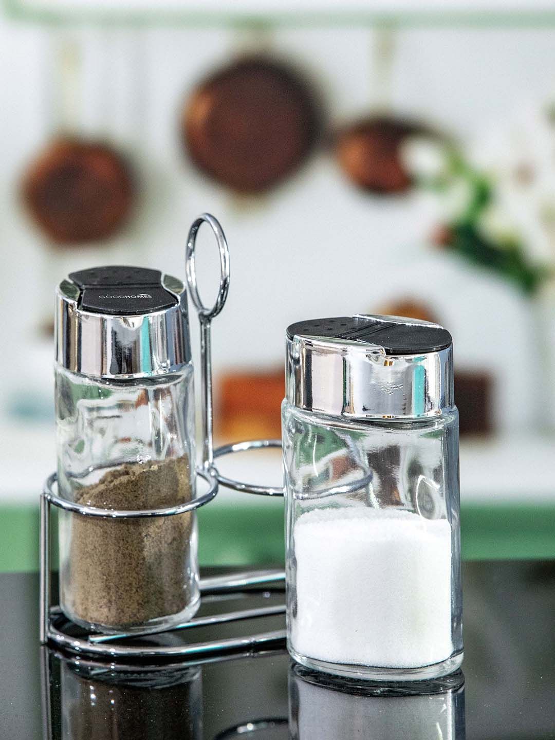 GOODHOMES Set Of 3 Transparent Glass Salt & Pepper Set With Stand Price in India
