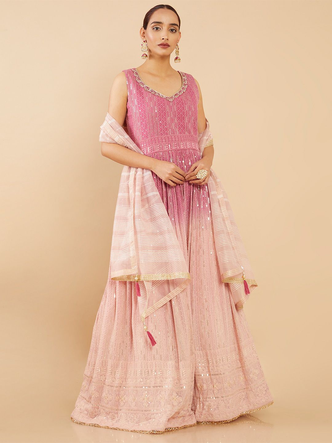 Soch Pink Georgette Ethnic Maxi Dress With Pant & Dupatta Price in India