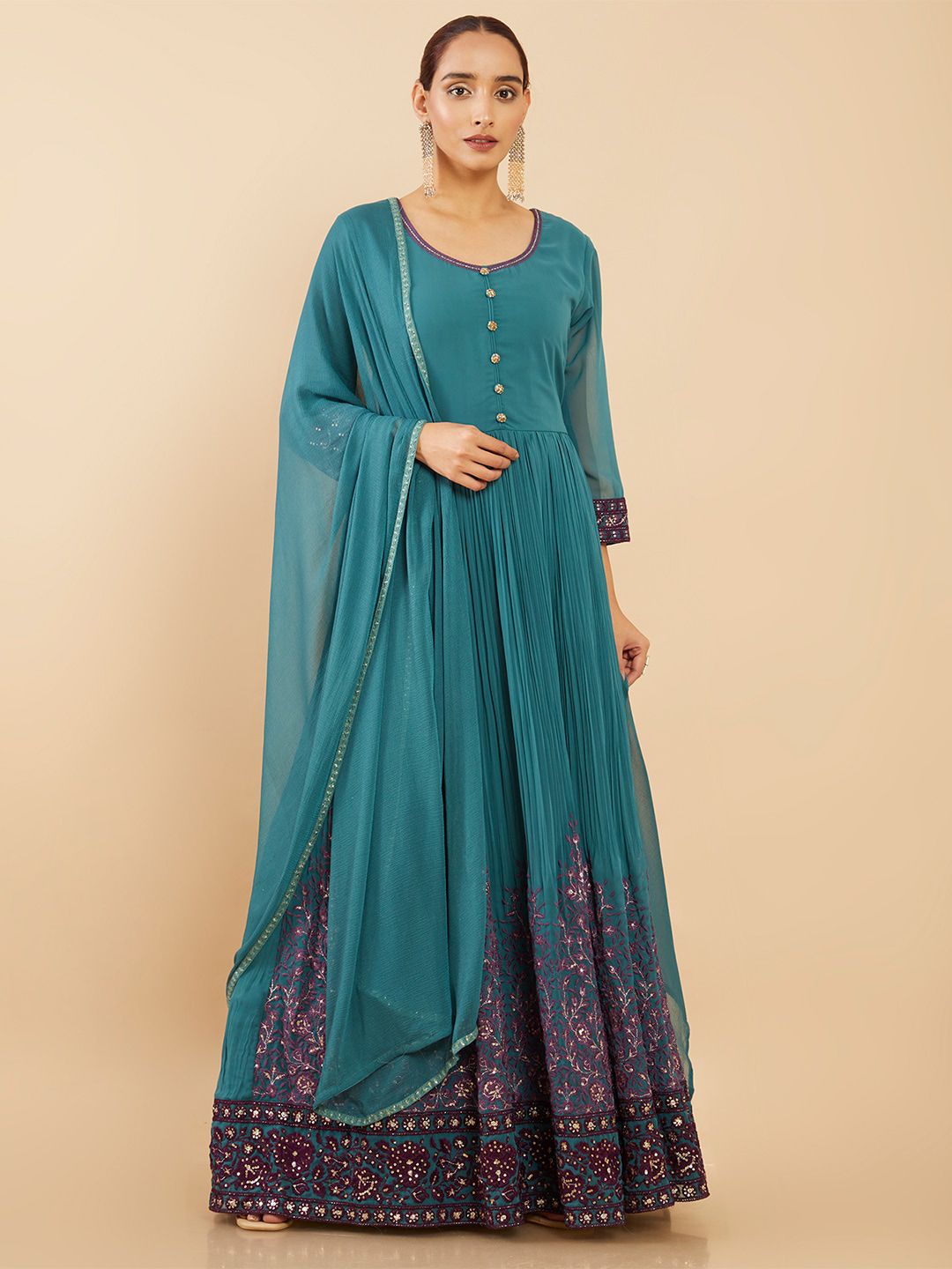 Soch Teal Floral Georgette Ethnic Maxi Dress With Pant & Dupatta Price in India