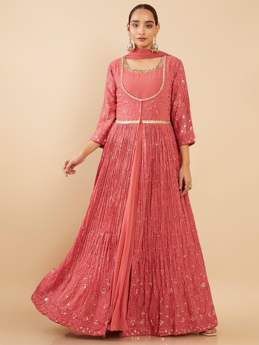 Soch Coral Embellished Georgette Ethnic Maxi Dress With Pant & Dupatta Price in India