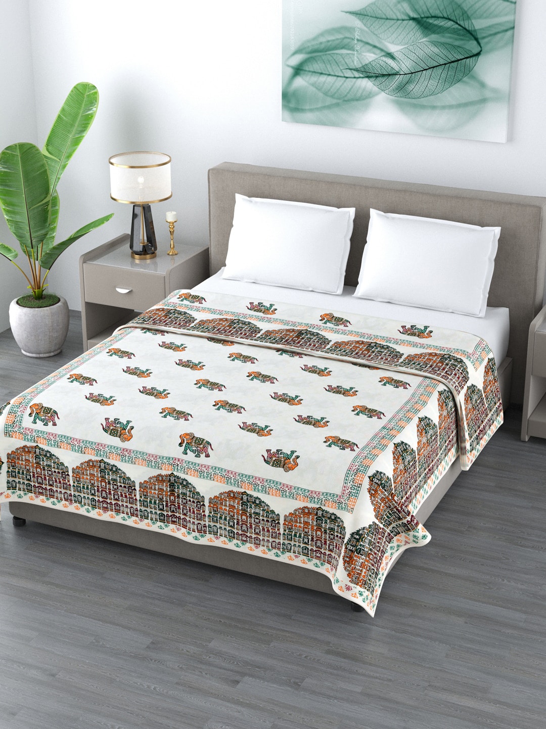 LIVING ROOTS White & Yellow Ethnic Motifs AC Room 210 GSM Double Bed Dohar Price in India