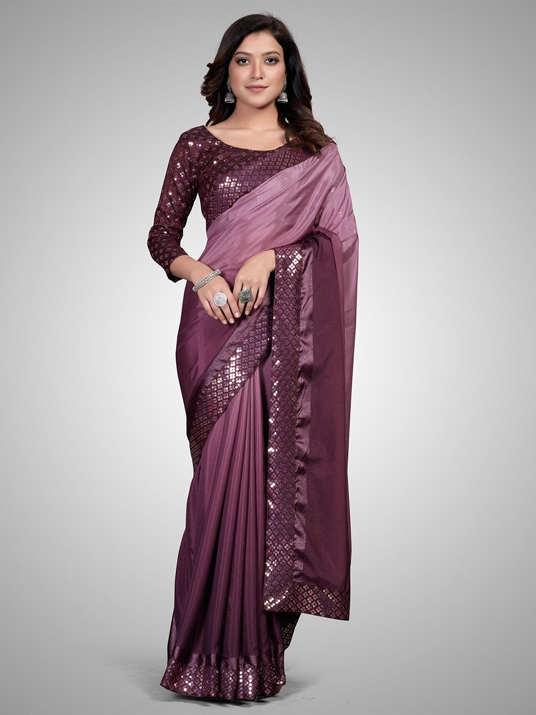 Granthva Fab Purple & Silver-Toned Sequinned Silk Blend Saree Price in India
