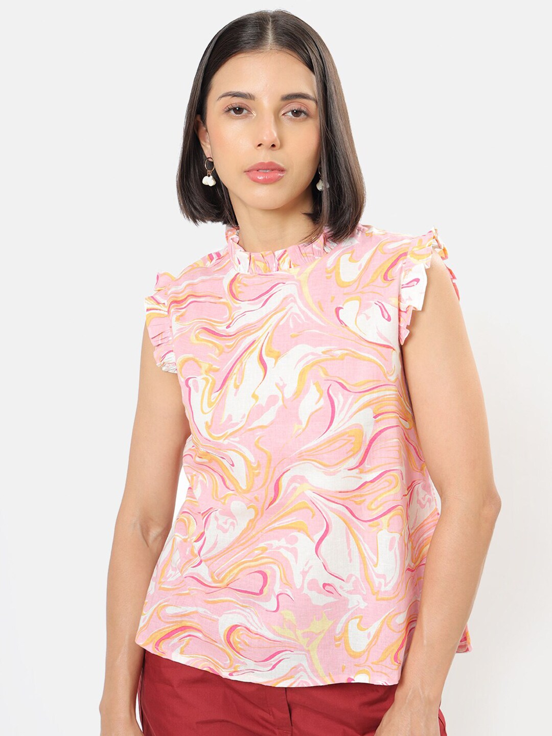 Saaki Women Pink & White Abstract Printed Mandarin Collar Pure Cotton Top Price in India