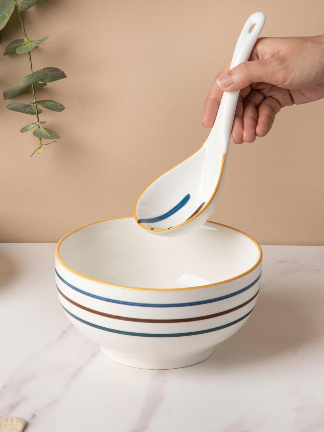 Nestasia White & Blue Striped Feliz Large Ceramic Serving Spoon Price in India