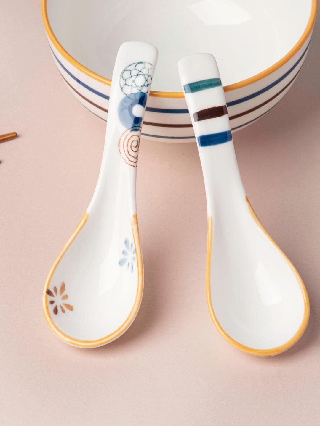 Nestasia White & Yellow Striped Feliz Ceramic Soup Spoon Price in India