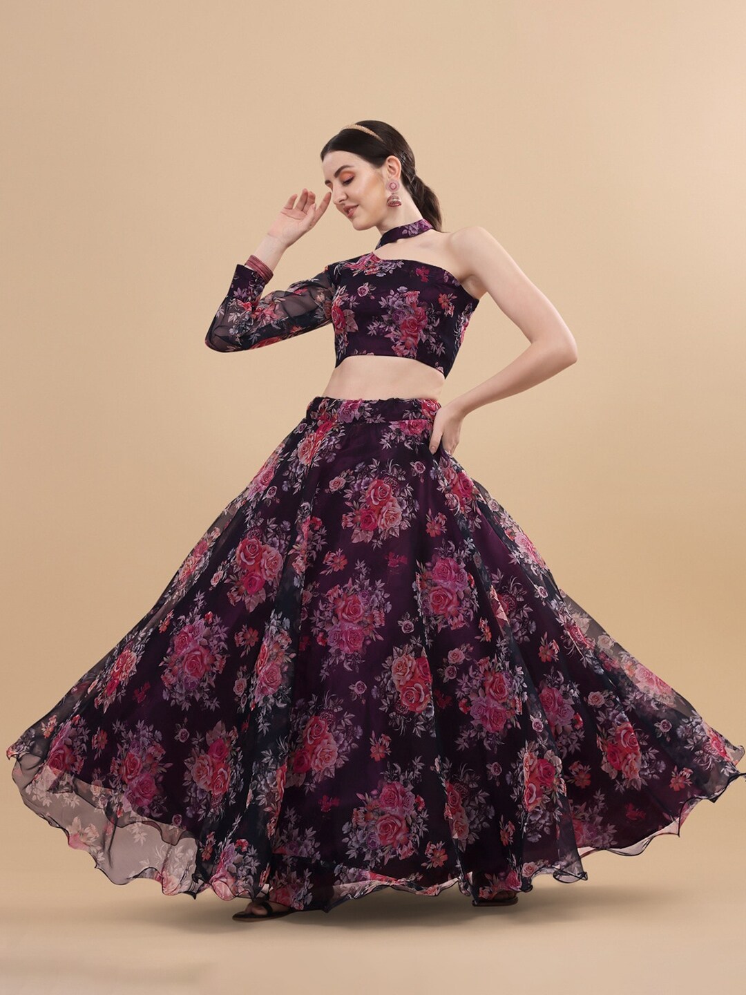Fashionuma Pink & Black Floral Printed Semi-Stitched Lehenga Choli Price in India