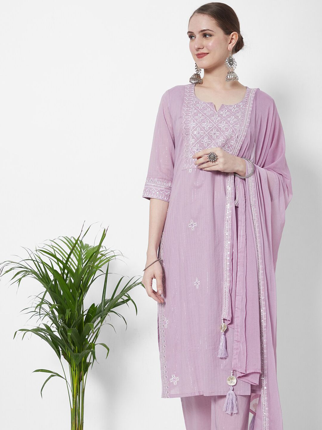 HEEPOSH Women Pink Embroidered Thread Work Pure Cotton Kurta with Trousers & With Dupatta Price in India