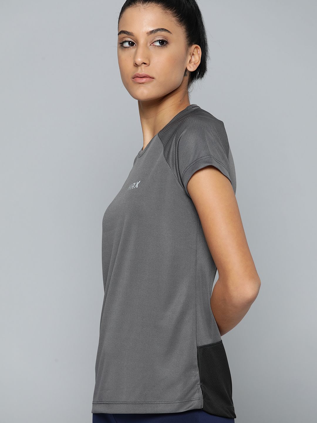 HRX by Hrithik Roshan Women Grey Brand Logo Print Extended Sleeves T-shirt Price in India