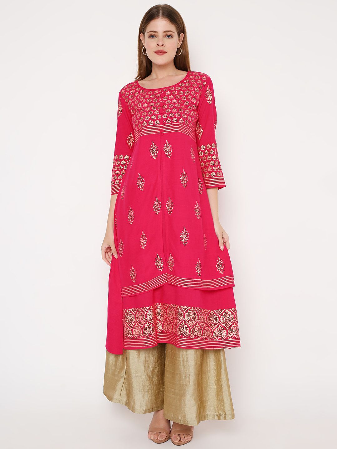 Peppertree Women Pink & Gold Printed Block Print Ethnic Dress Price in India