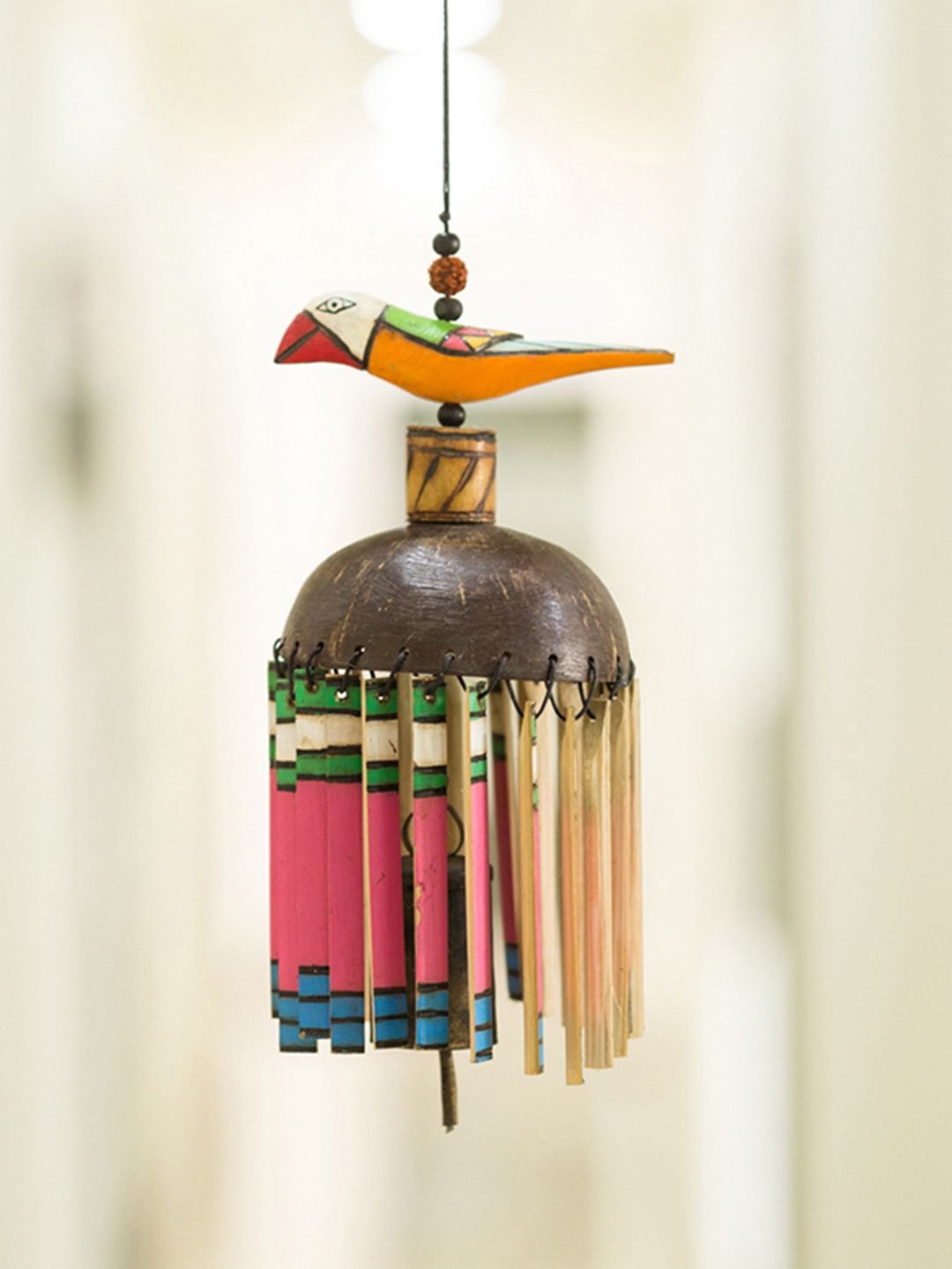 ExclusiveLane Multicoloured Wooden Handmade & Hand-Painted Bird Wind Chime Price in India