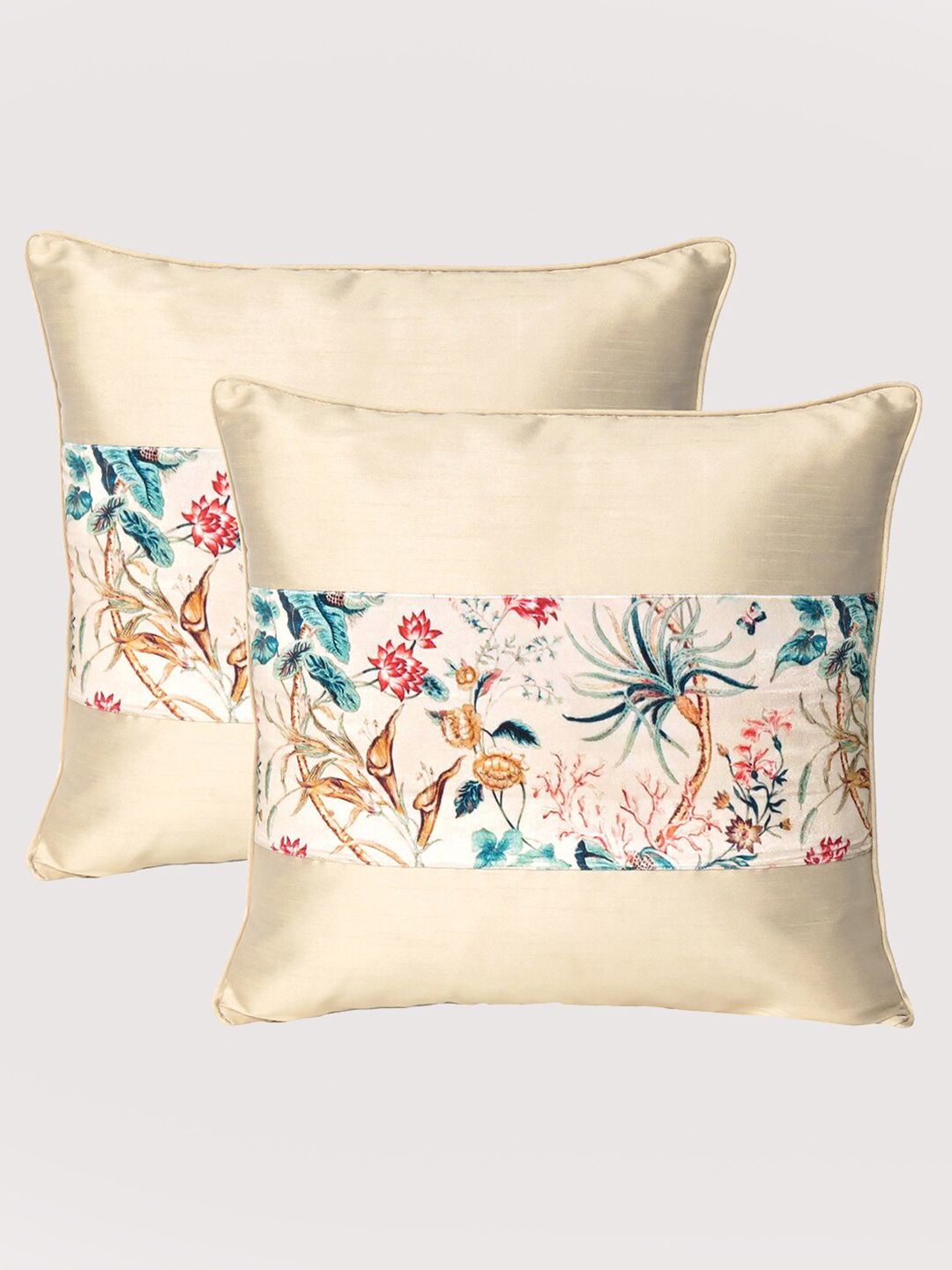 OUSSUM Beige & Blue Set of 2 Floral Velvet Square Cushion Covers Price in India