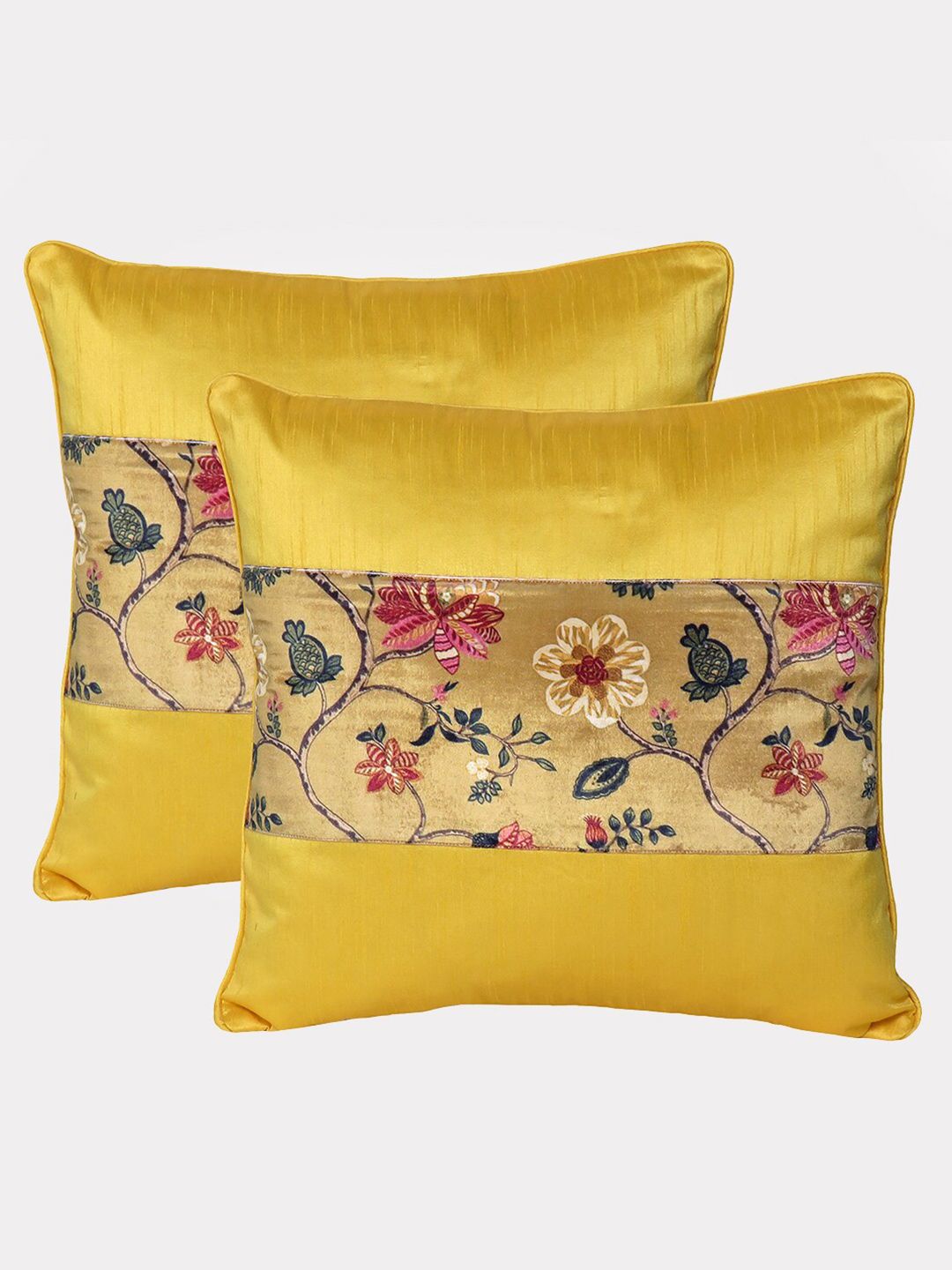 OUSSUM Yellow & Blue Set of 2 Floral Velvet Square Cushion Covers Price in India