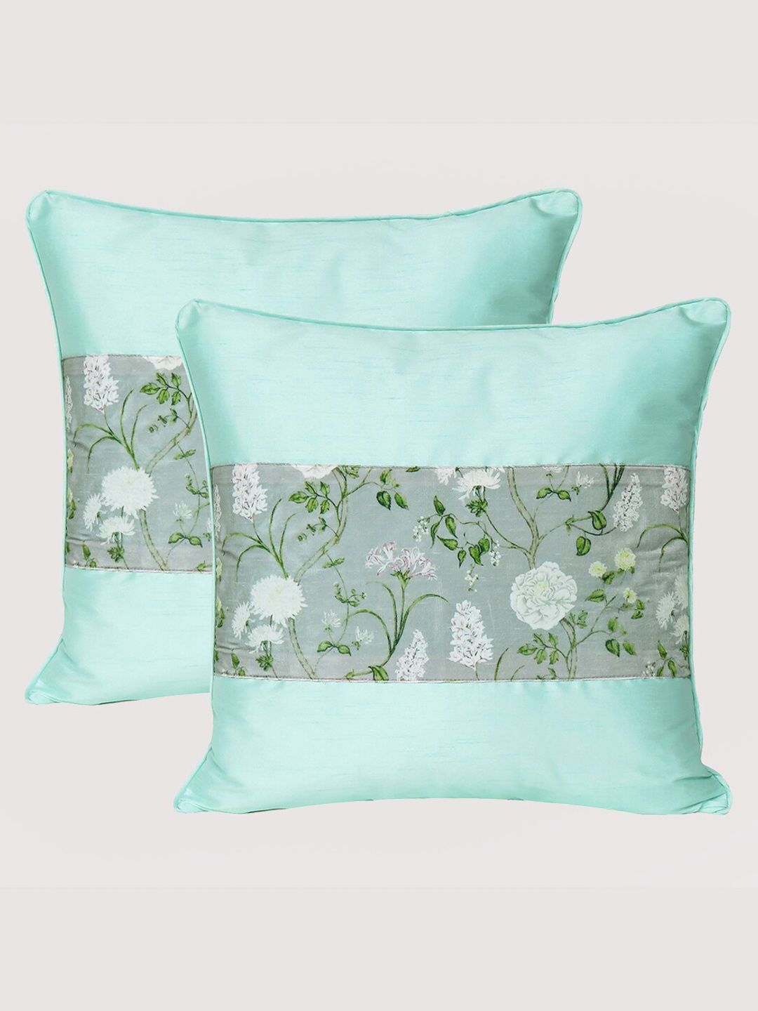 OUSSUM Sea Green & White Set of 2 Floral Velvet Square Cushion Covers Price in India