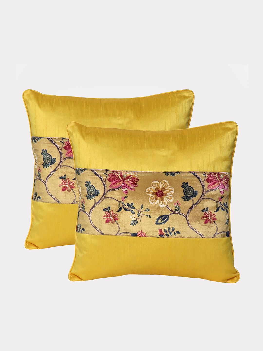 OUSSUM Yellow & Green Set of 2 Floral Velvet Square Cushion Covers Price in India