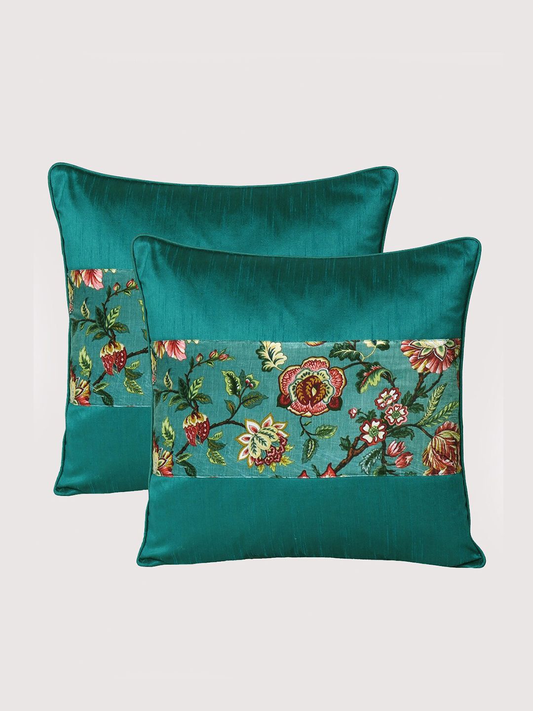 OUSSUM Green & Maroon Set of 2 Floral Velvet Square Cushion Covers Price in India