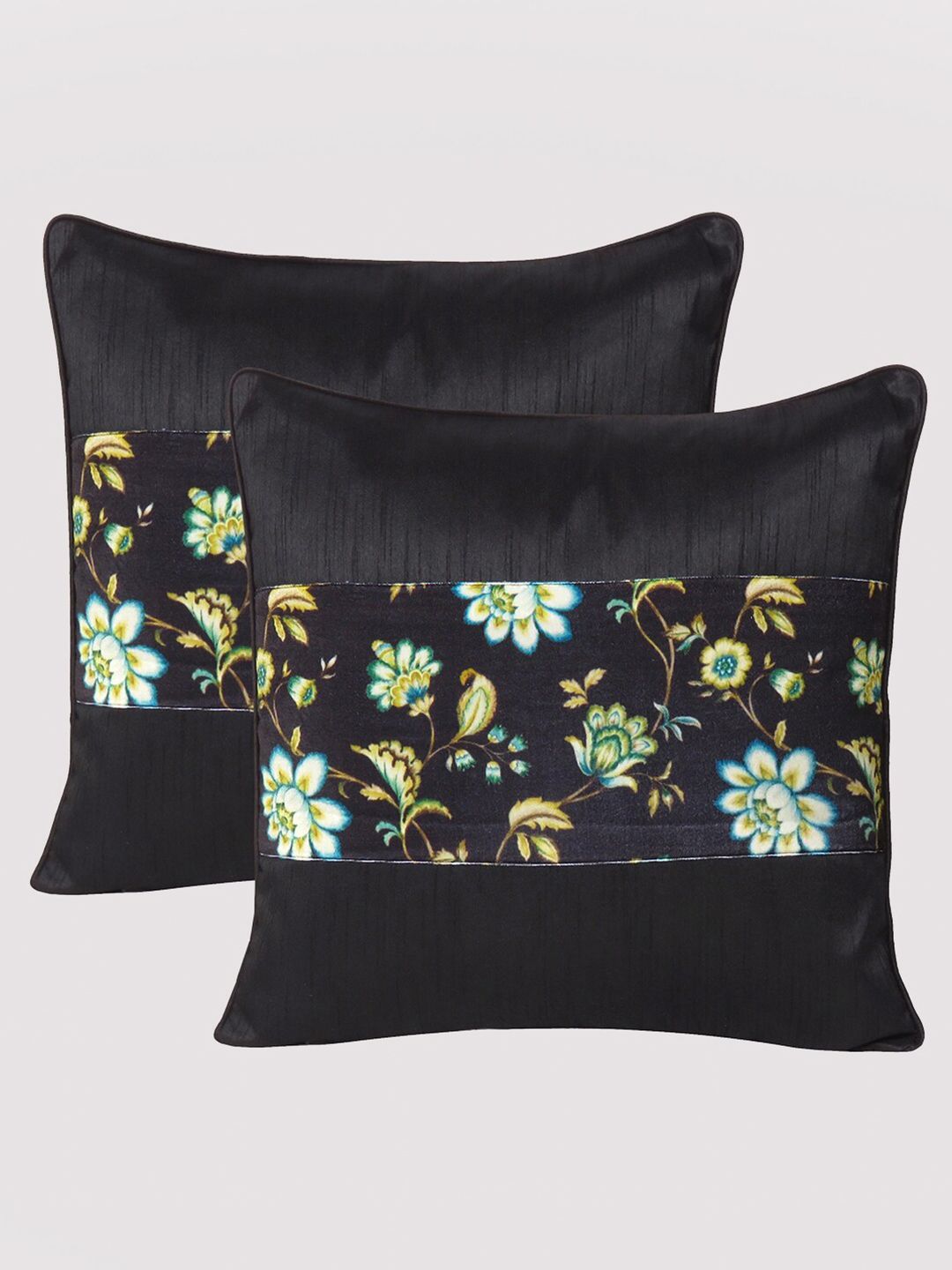 OUSSUM Black & Yellow Set of 2 Floral Velvet Square Cushion Covers Price in India
