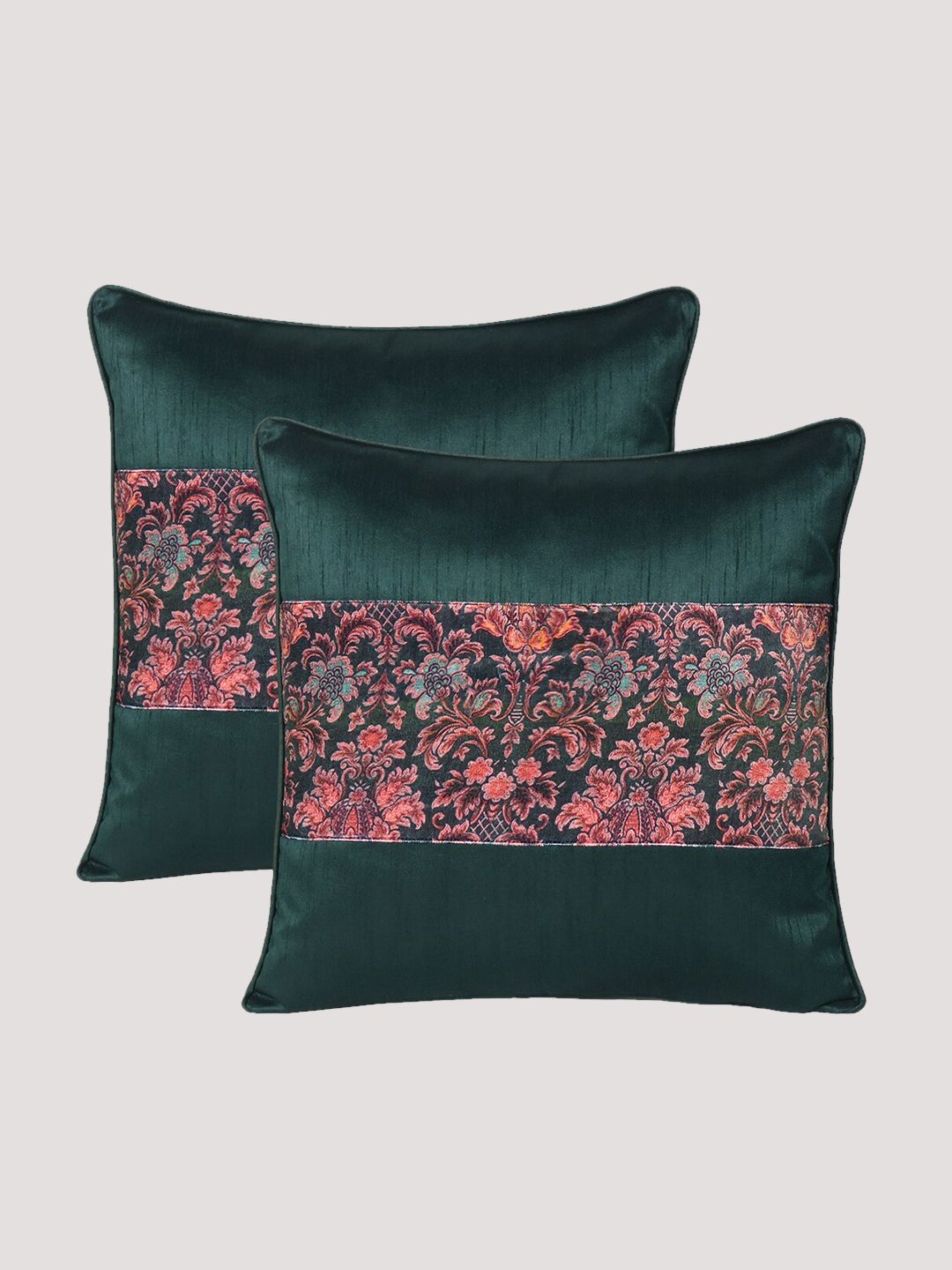 OUSSUM Green & Peach-Coloured Set of 2 Floral Velvet Square Cushion Covers Price in India