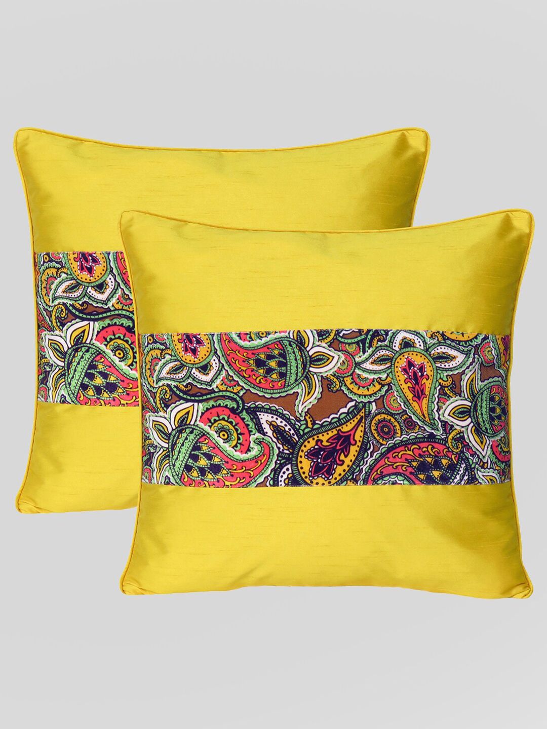 OUSSUM Yellow & Brown Set of 2 Ethnic Motifs Velvet Square Cushion Covers Price in India