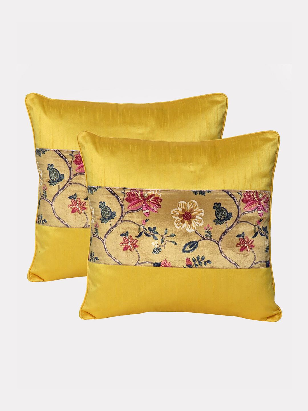 OUSSUM Yellow & Pink Set of 2 Floral Velvet Square Cushion Covers Price in India