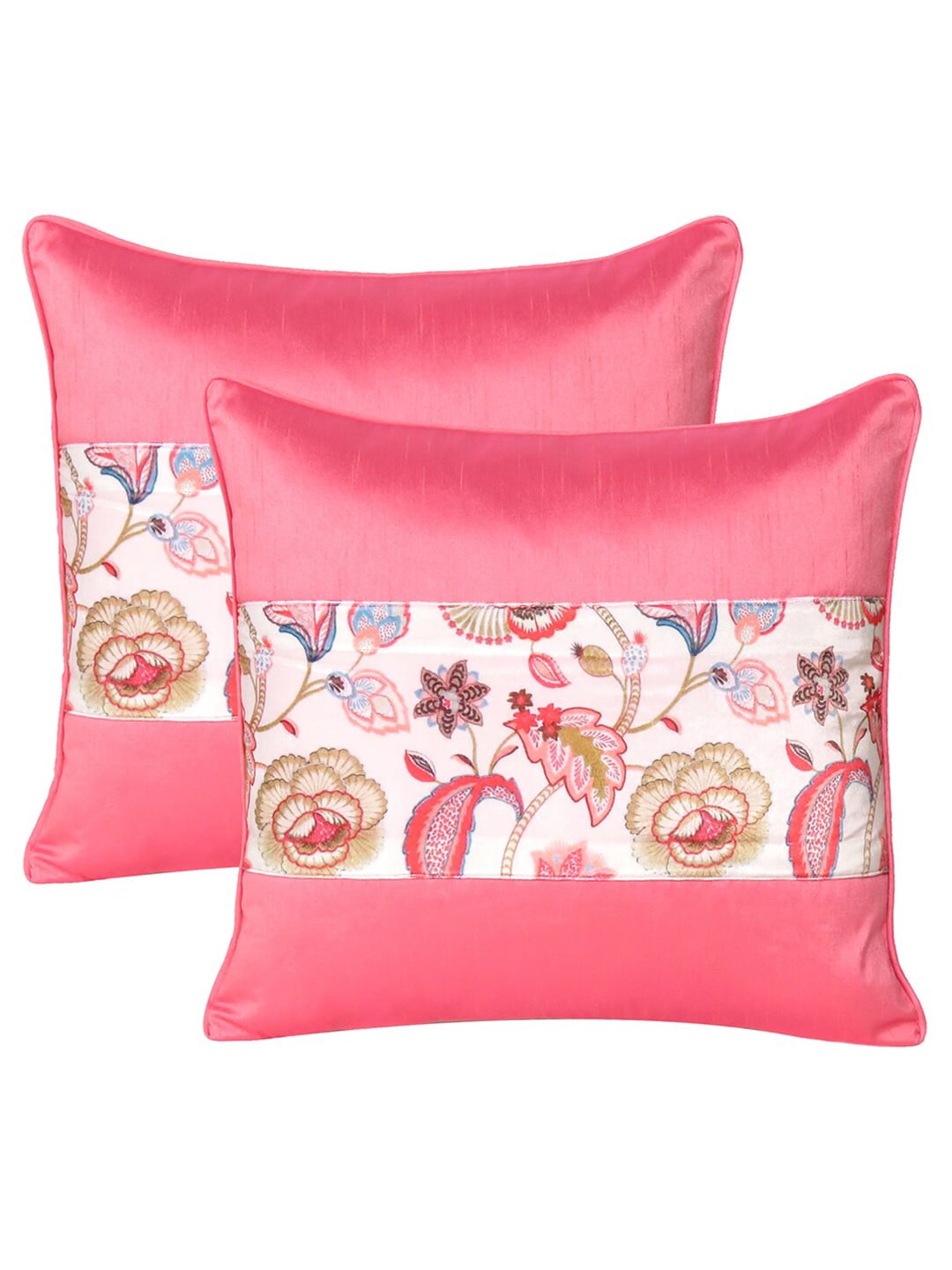 OUSSUM Pink & White Set of 2 Floral Velvet Square Cushion Covers Price in India