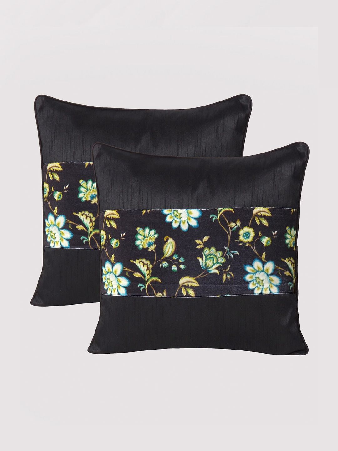 OUSSUM Black & Green Set of 2 Floral Velvet Square Cushion Covers Price in India