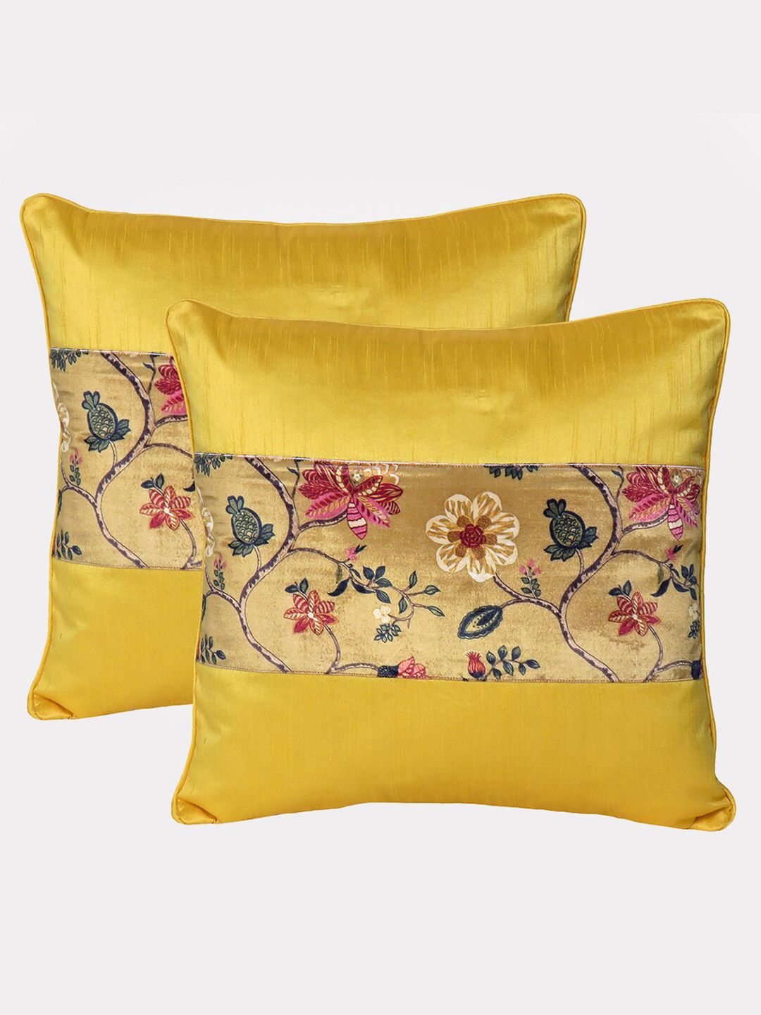 OUSSUM Yellow & Red Set of 2 Floral Velvet Square Cushion Covers Price in India