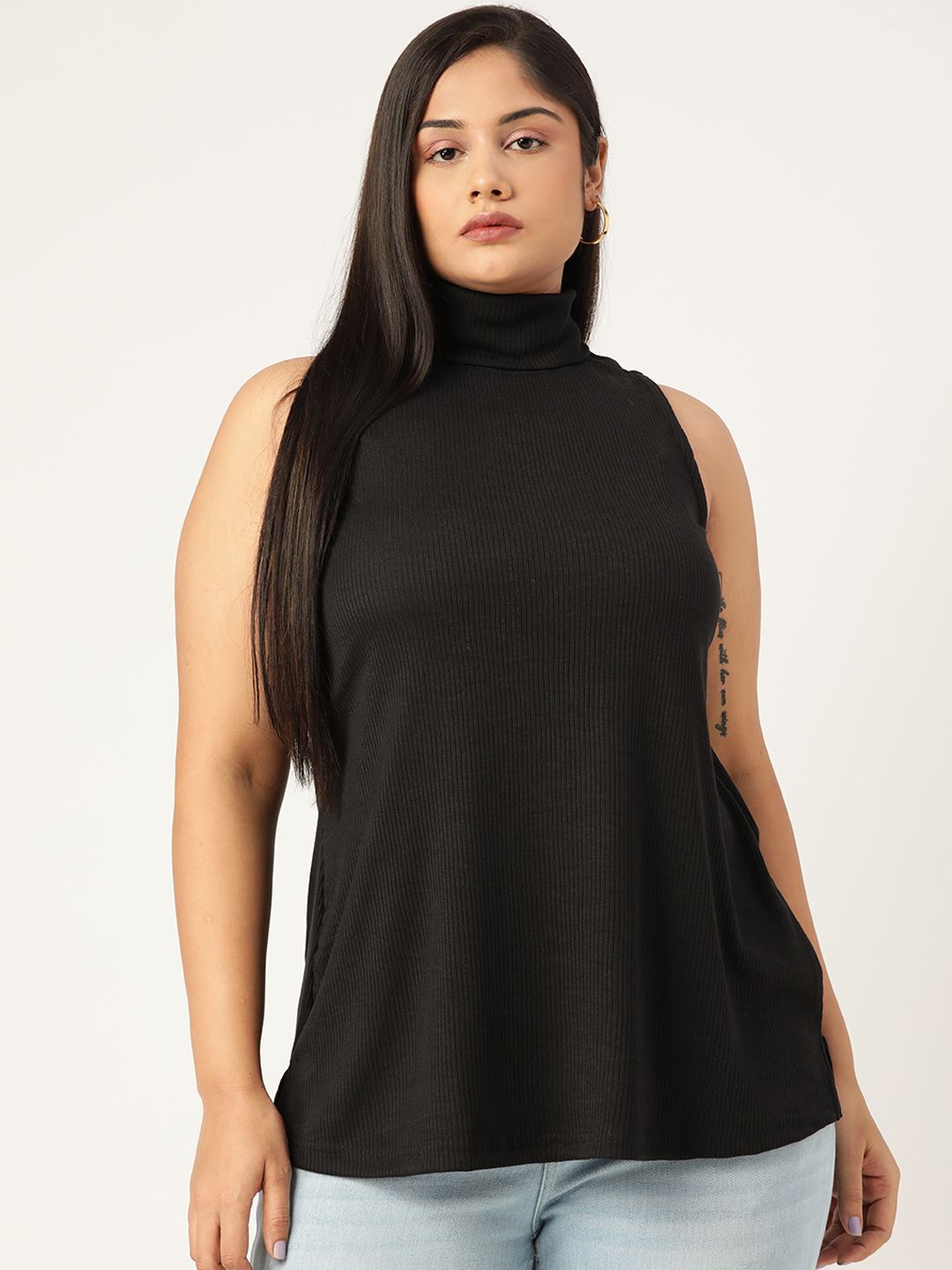 theRebelinme Plus Size Black Pure Cotton Ribbed Top Price in India