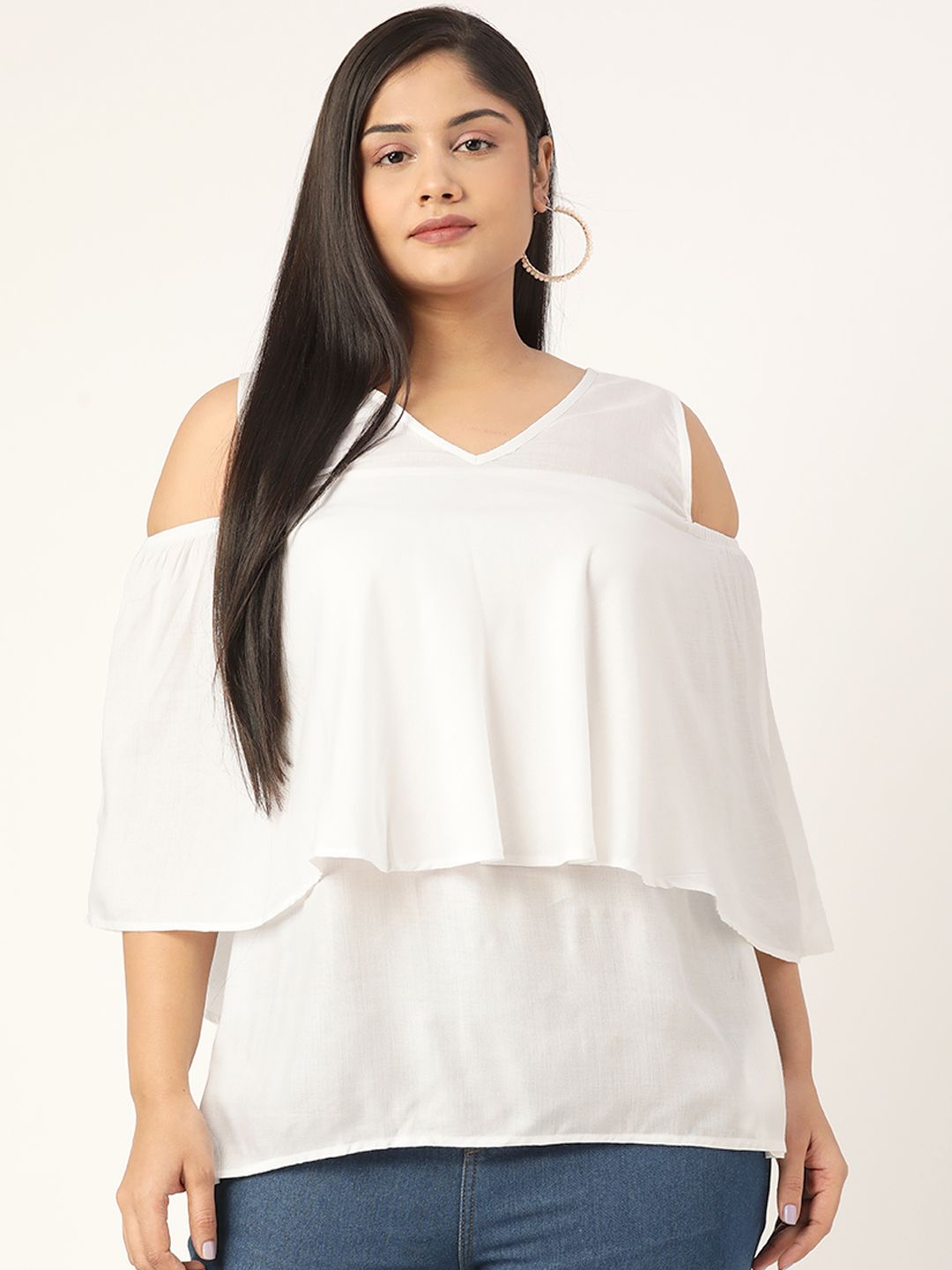 theRebelinme White Layered Solid Plus Size Top Price in India