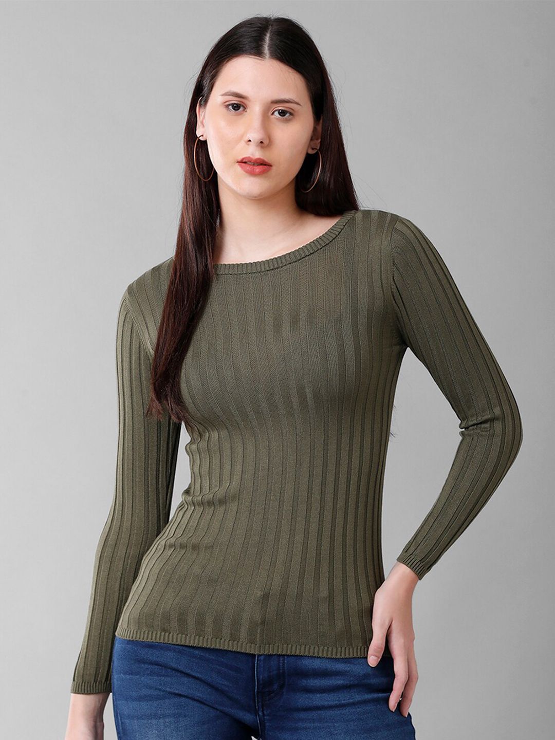 IDENTITI Olive Green Ribbed Fitted Top Price in India