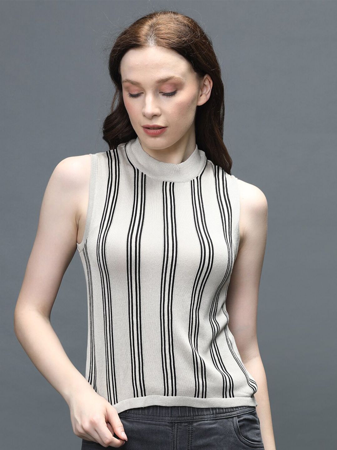 IDENTITI Women Beige & Black Vertical Striped Top Price in India