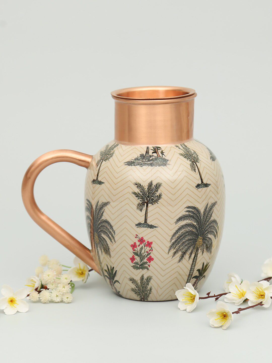 India Circus by Krsnaa Mehta Pure Copper Beige Floral Printed Water Mug with Handle and Cup Price in India