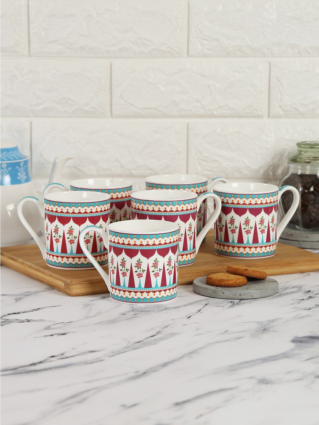 India Circus by Krsnaa Mehta White & Maroon Printed Bone China Glossy Mugs Set of Cups and Mugs Price in India