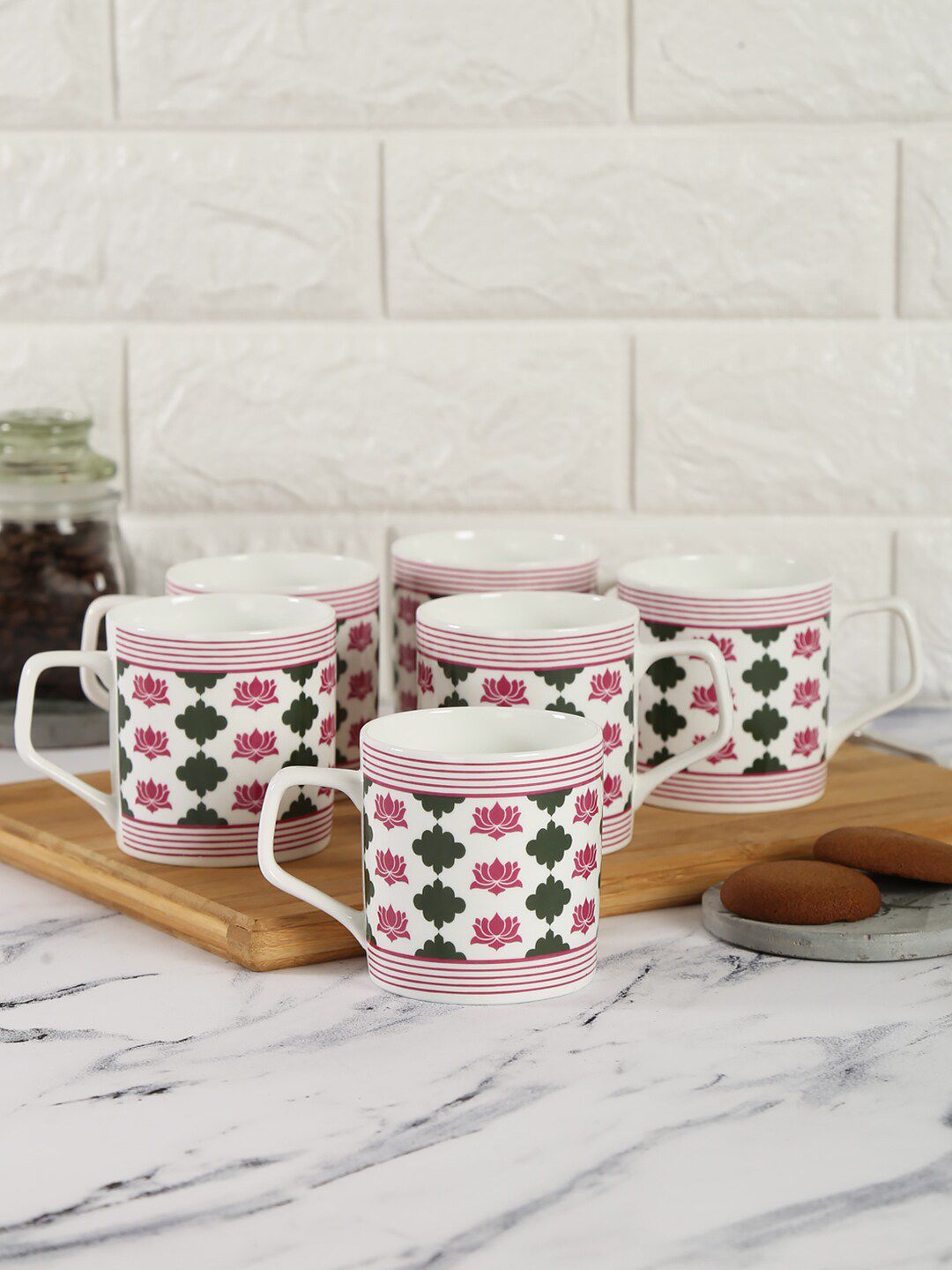 India Circus by Krsnaa Mehta Set of 6 White & Pink Floral Printed Bone China Glossy Cups Price in India