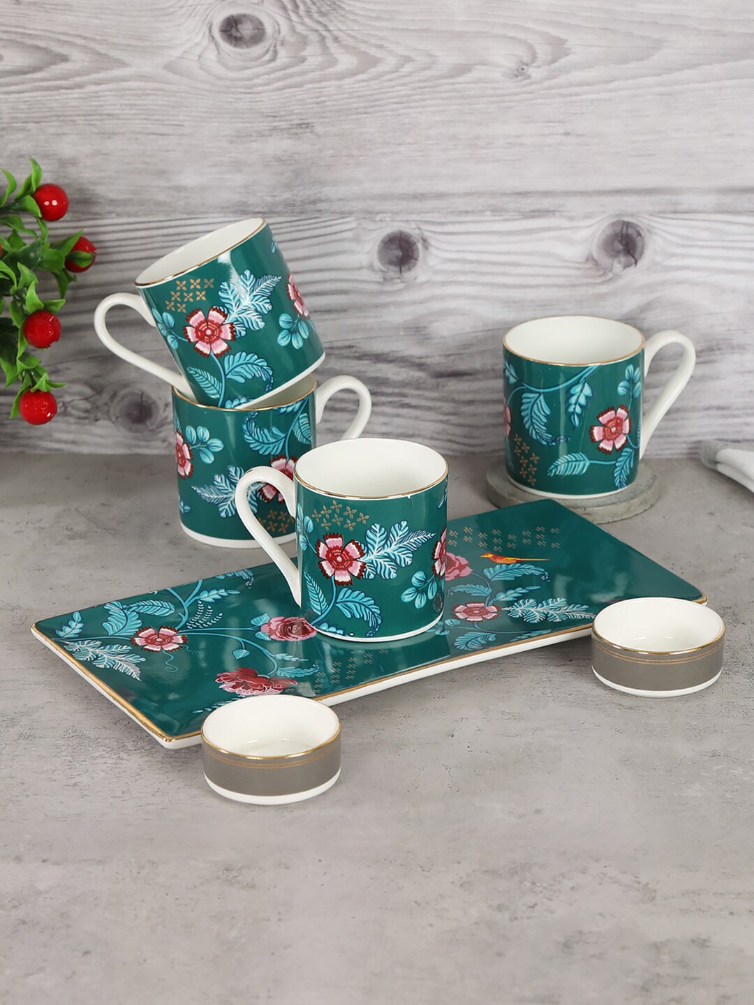 India Circus by Krsnaa Mehta White & Green Floral Bone China Glossy Set of Cups And Mugs Price in India