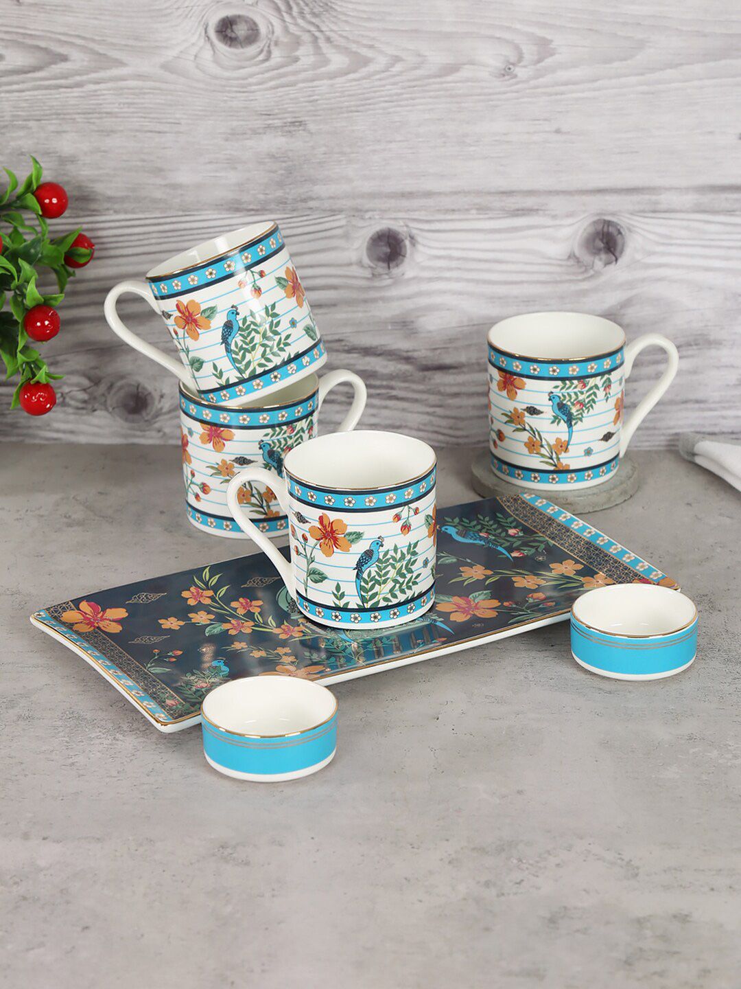 India Circus by Krsnaa Mehta White & Blue Floral Printed Bone China Glossy Mugs Price in India