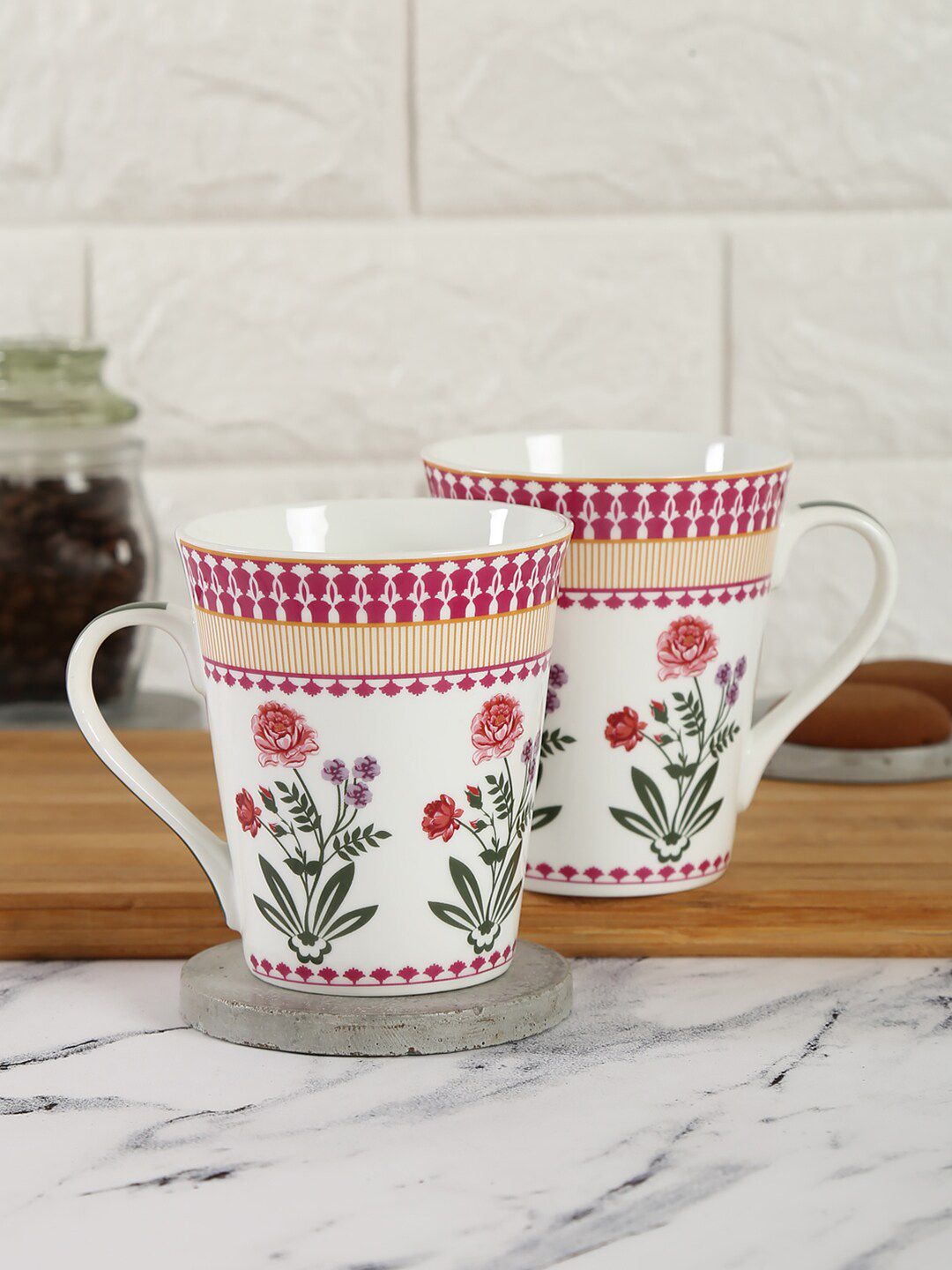 India Circus by Krsnaa Mehta White & Pink Set of 2 Floral Printed Bone China Glossy Mugs Price in India