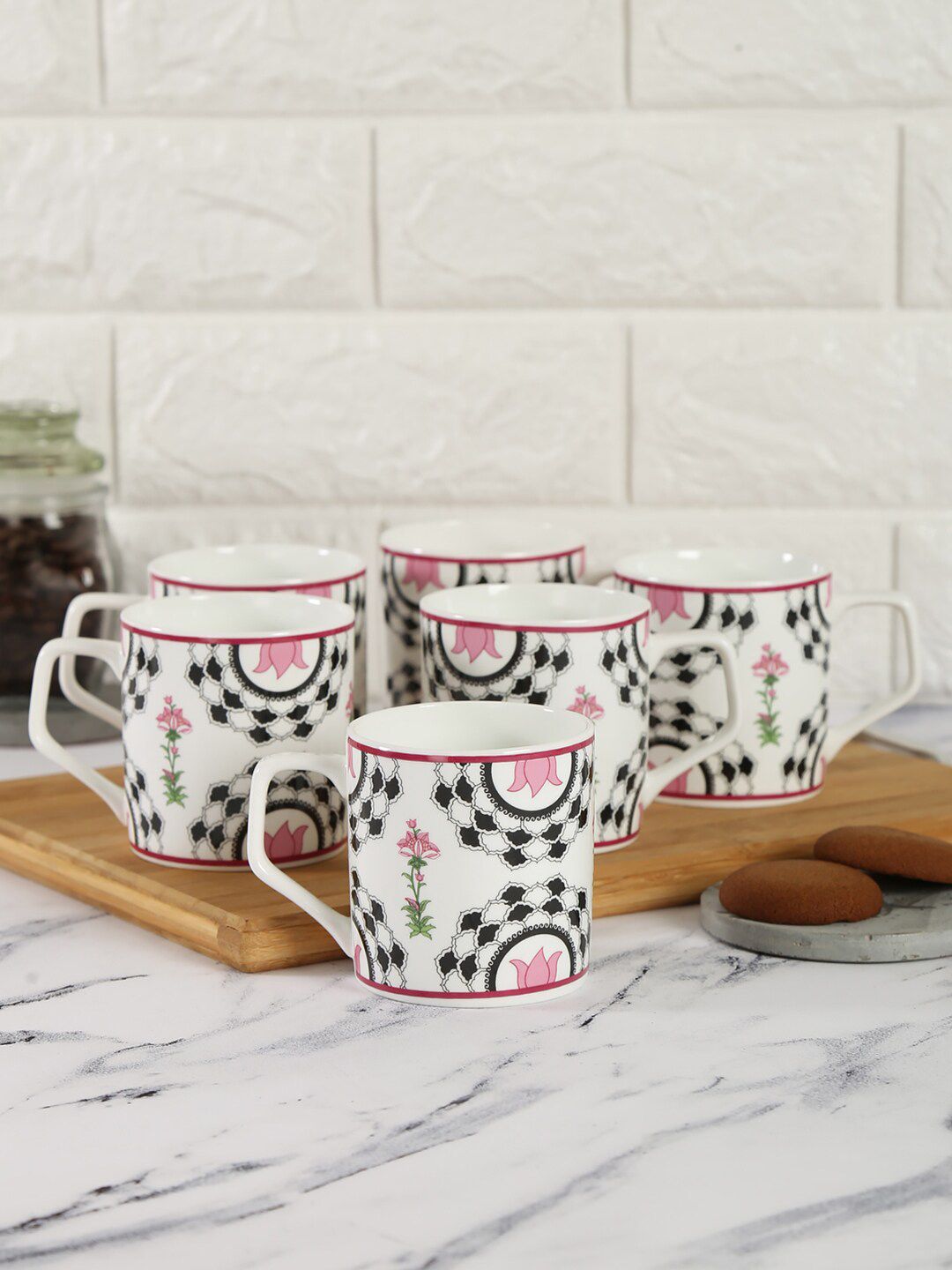 India Circus by Krsnaa Mehta Set of 6 White & Pink Printed Bone China Glossy Mugs Price in India