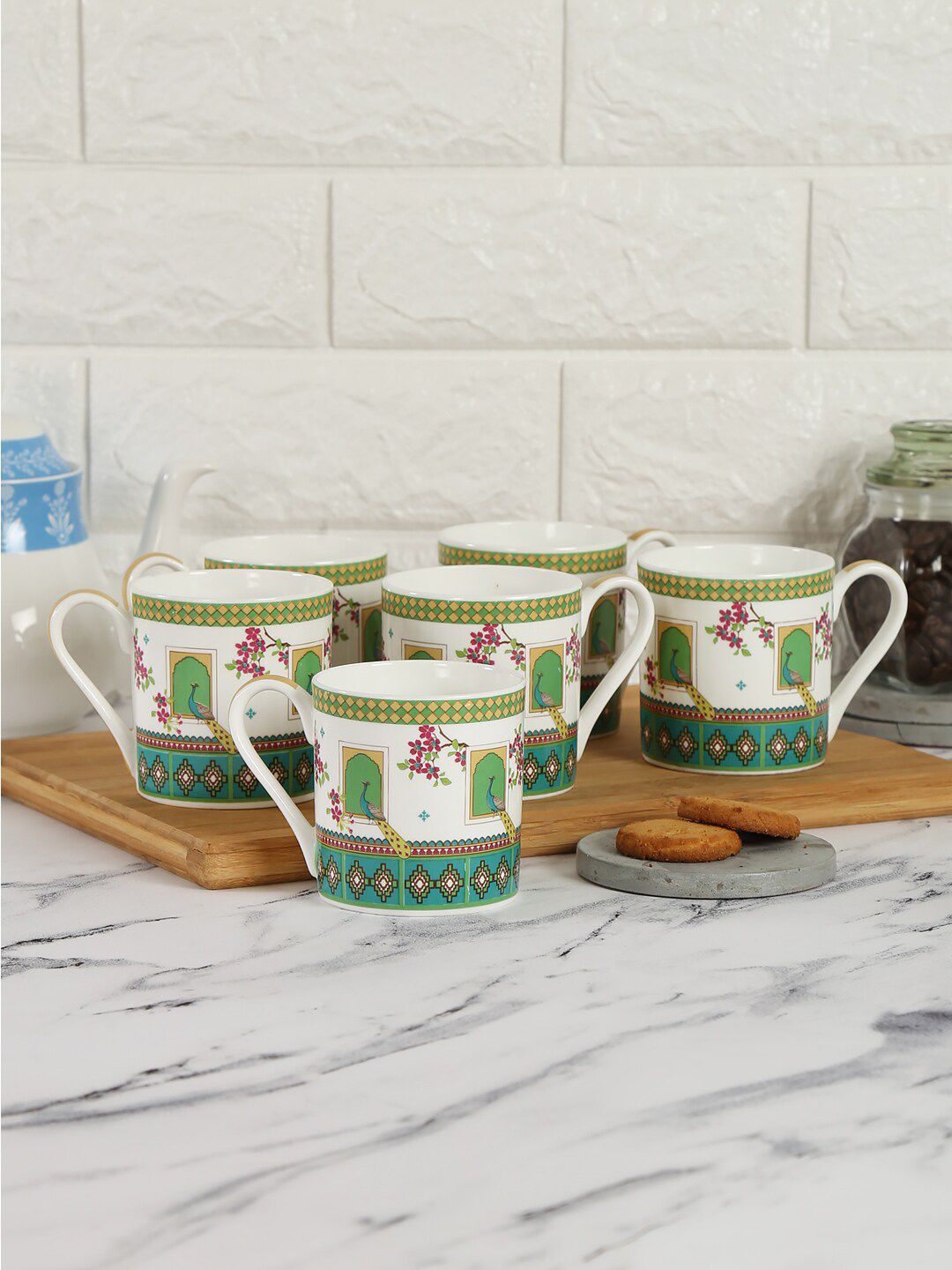 India Circus by Krsnaa Mehta Set of 6 White & Green Printed Bone China Mugs Cups And Mugs Price in India